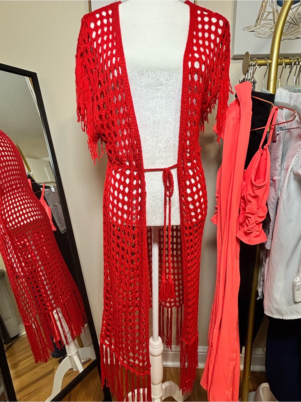 By Anthropologie Red Crochet Fringe Maxi Kimono One Size